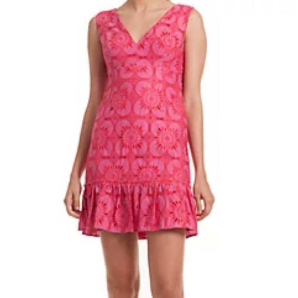 TRINA TURK Sleeveless V Neck Ruffle Hem Medallion Eyelet Dress Size 4
